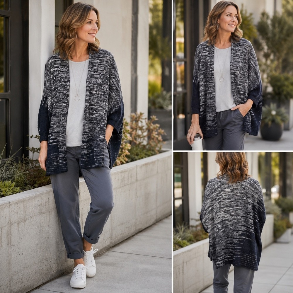 J. Jill PureJill Ombre Kimono Cardigan M/L Navy White Marled Open Knit Sweater